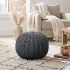 20" Black Cotton Round Pouf Ottoman