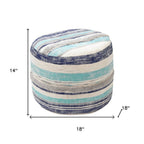 18" Blue Cotton Striped Cylinder Pouf Ottoman
