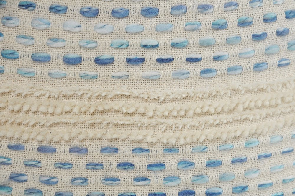 18" Natural And Ivory Cotton Blend Round Striped Pouf Ottoman