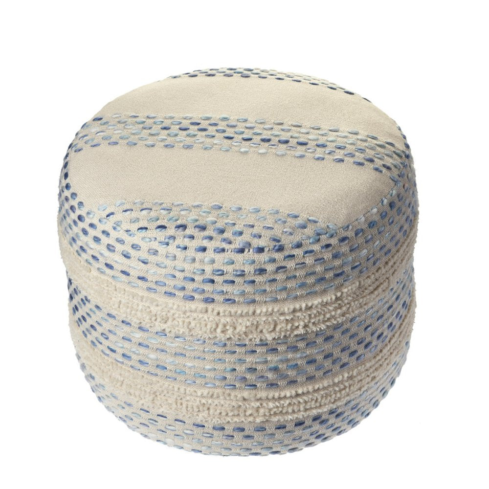 18" Natural And Ivory Cotton Blend Round Striped Pouf Ottoman