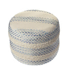 18" Natural And Ivory Cotton Blend Round Striped Pouf Ottoman