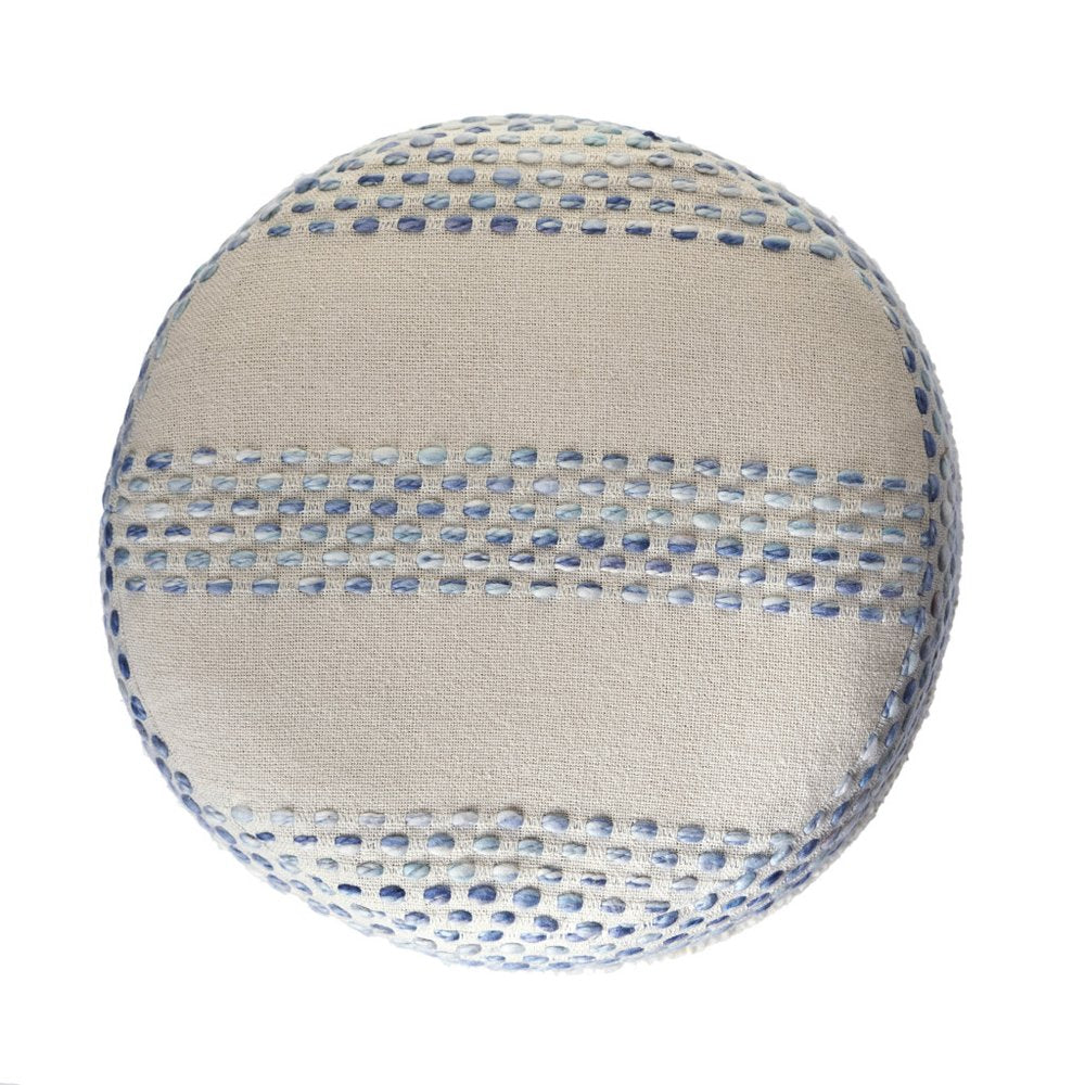 18" Natural And Ivory Cotton Blend Round Striped Pouf Ottoman