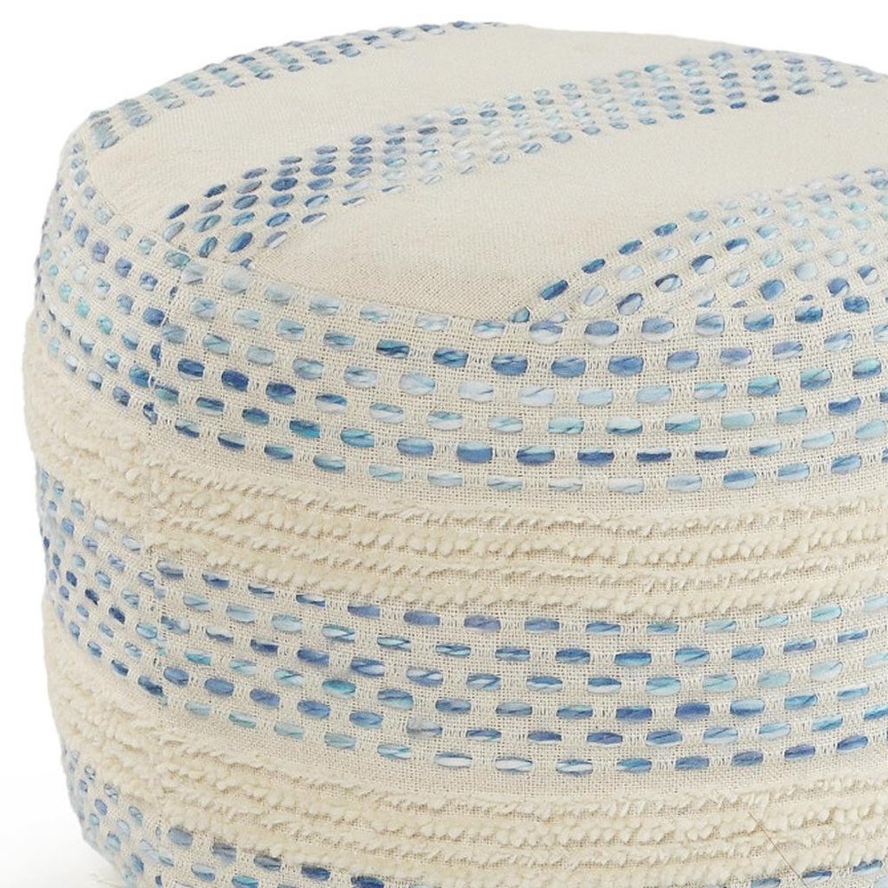18" Natural And Ivory Cotton Blend Round Striped Pouf Ottoman