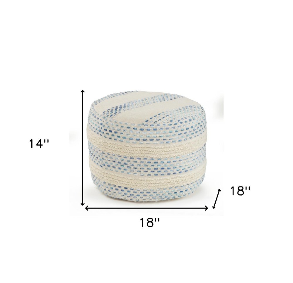 18" Natural And Ivory Cotton Blend Round Striped Pouf Ottoman