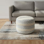 18" Natural And Ivory Cotton Blend Round Striped Pouf Ottoman