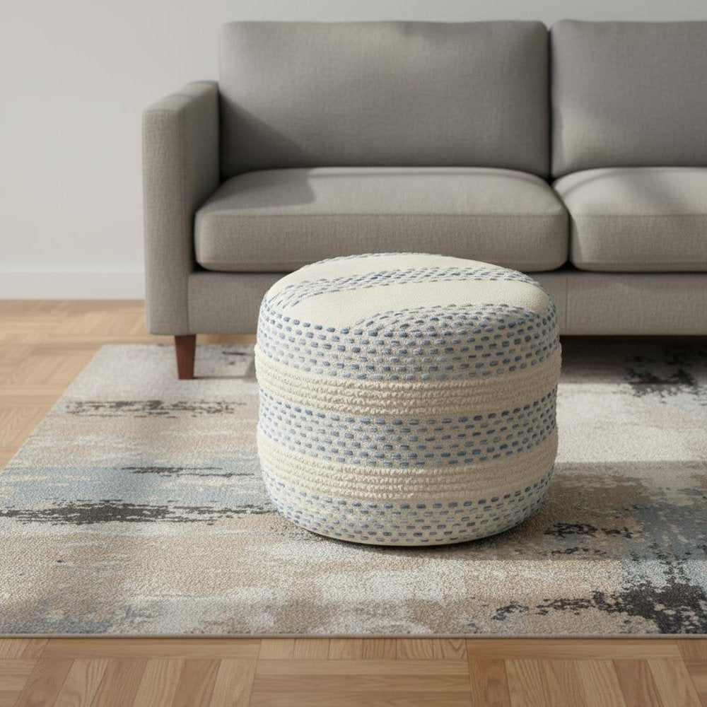 18" Natural And Ivory Cotton Blend Round Striped Pouf Ottoman