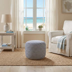 18" Blue and White Cotton Striped Cylinder Pouf Ottoman