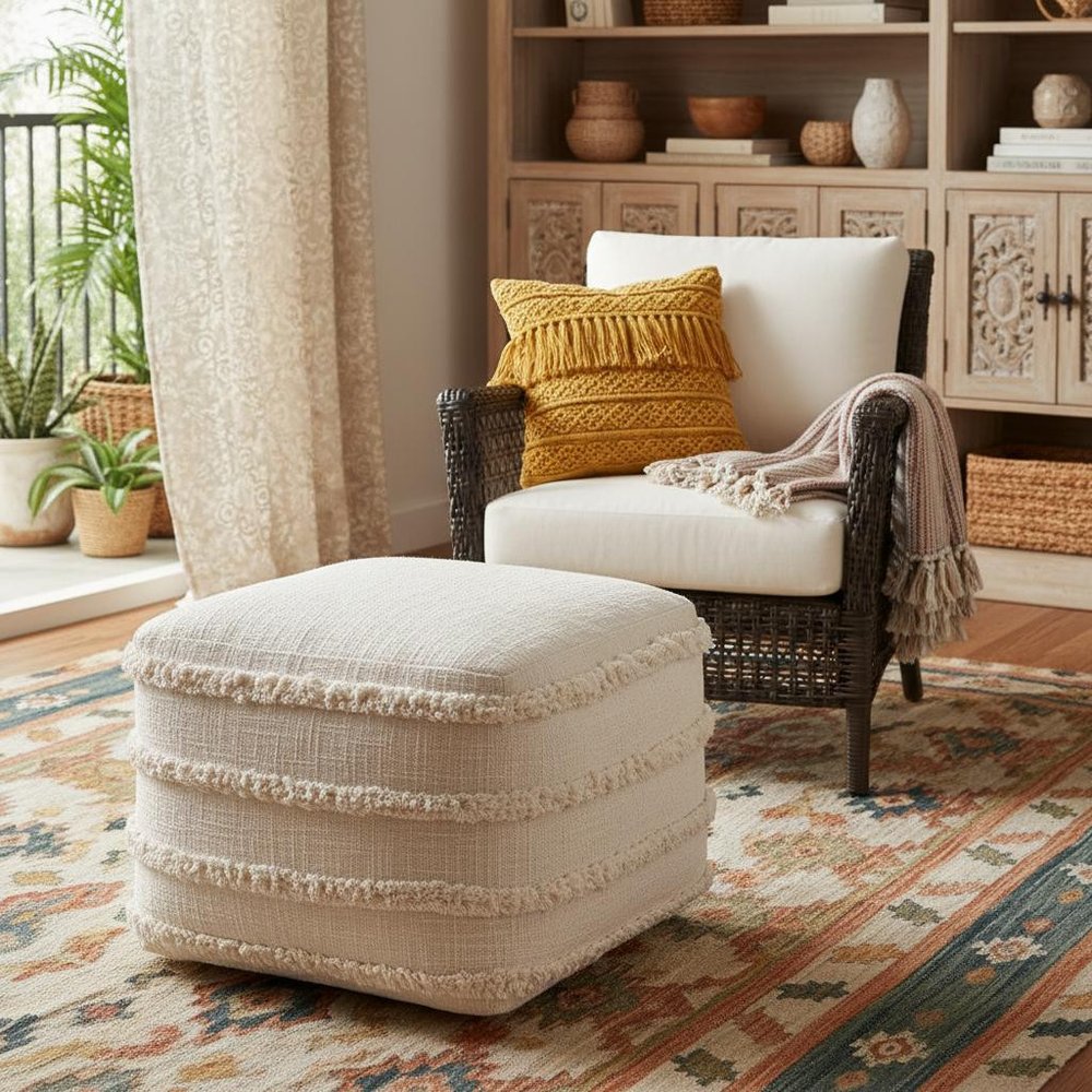 18" Blue Cotton Striped Pouf Ottoman