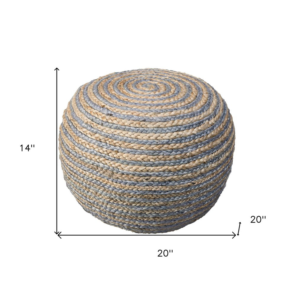 20" Blue Cotton Blend Round Striped Pouf Ottoman