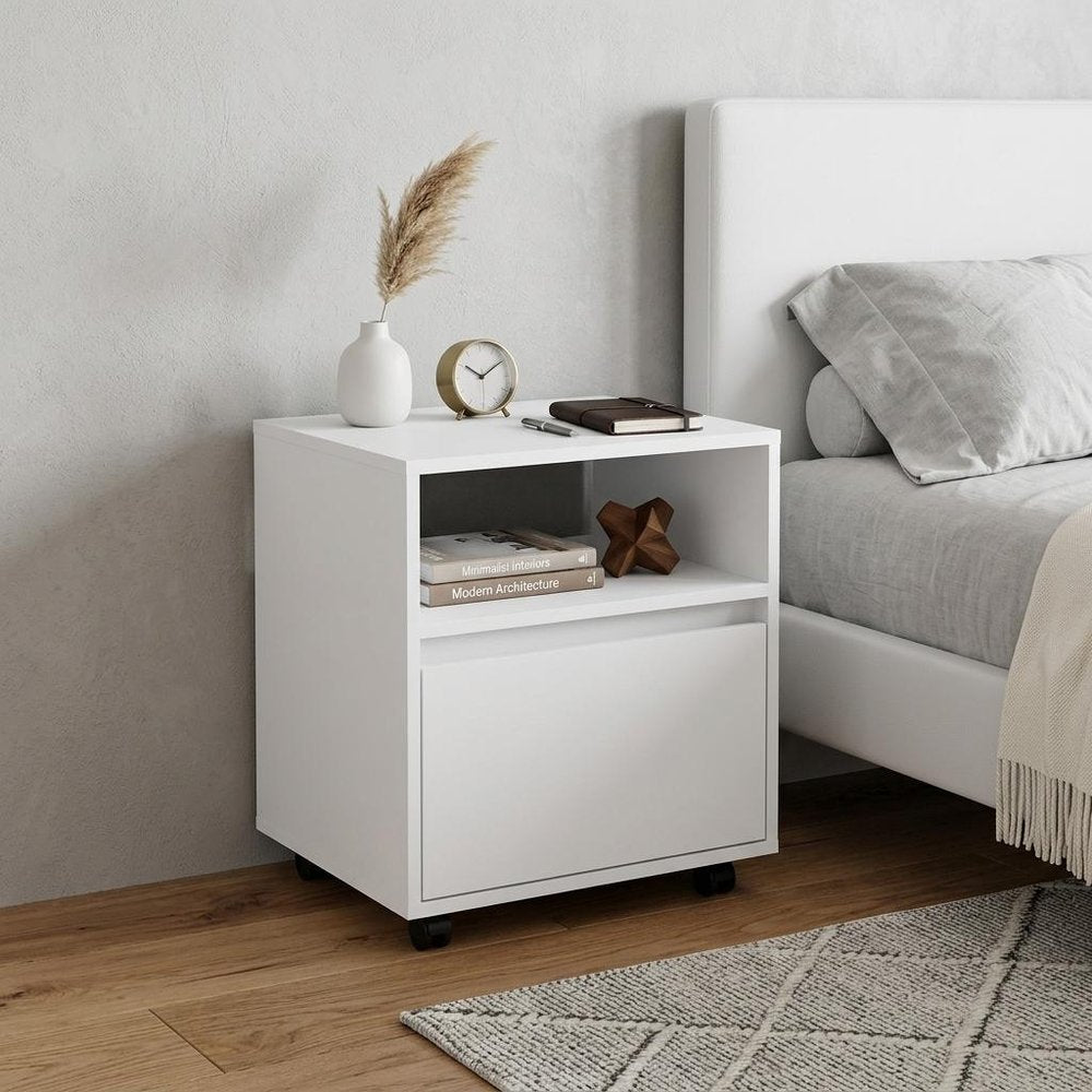 21" Black Wood One Drawer Rolling Nightstand