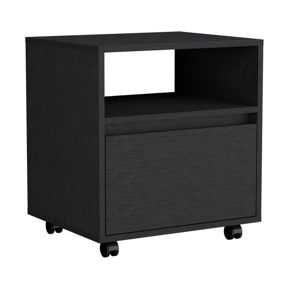 21" Black Wood One Drawer Rolling Nightstand