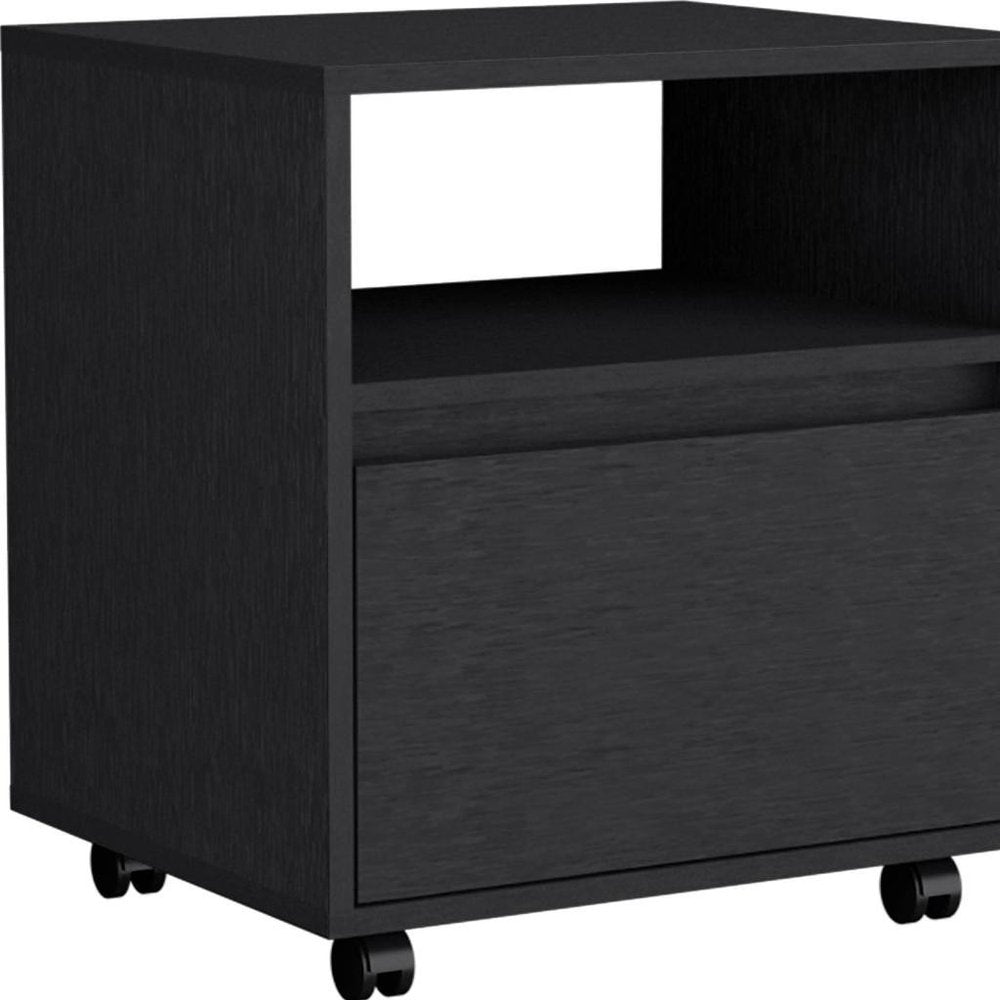 21" Black Wood One Drawer Rolling Nightstand