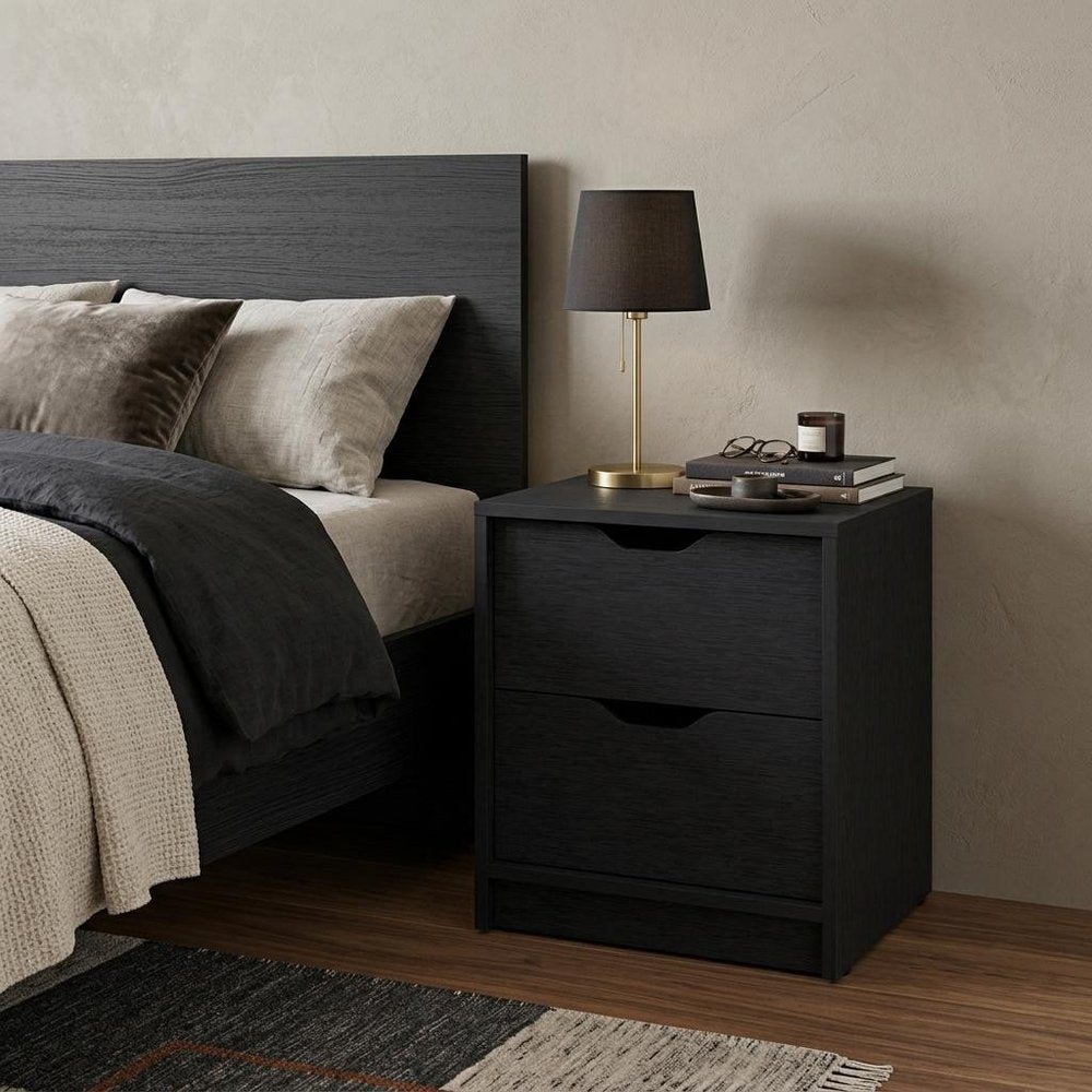 19" Black Wood Two Drawer Nightstand