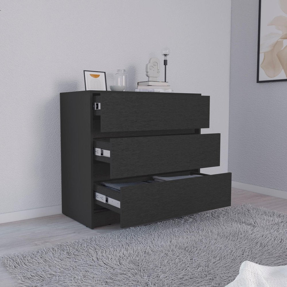 33" Black Wood Three Drawer Dresser