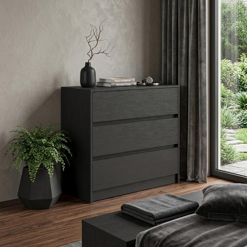 33" Black Wood Three Drawer Dresser