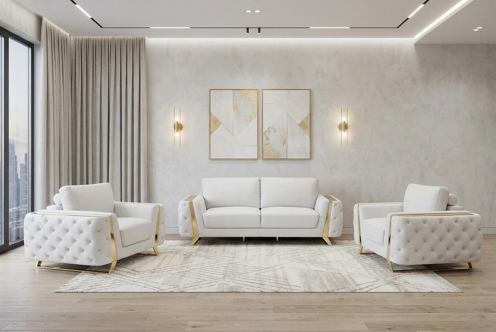 Three Piece Indoor White Italian Leather Six Person Seating Set