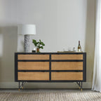 61" Black And Natural Solid Wood Six Drawer Double Dresser