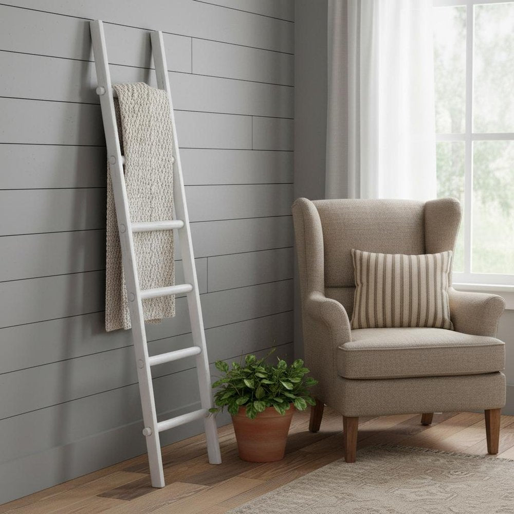 76" White Distressed Solid Wood Four Step Ladder Shelf