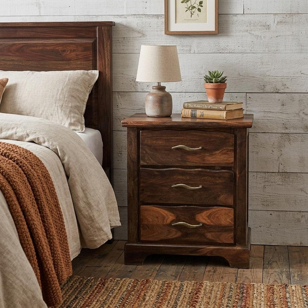 27" Dark Brown Solid Wood Three Drawer Nightstand