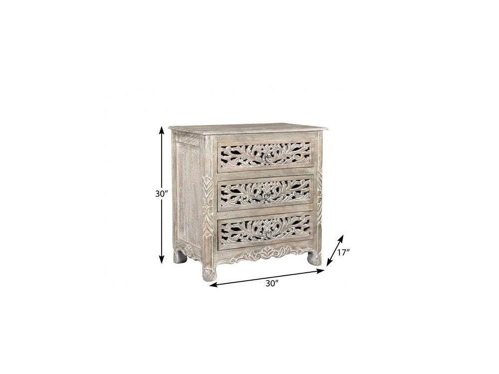30" Distressed Gray Three Drawer Floral Carved Solid Wood Nightstand