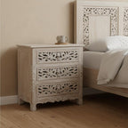 30" Distressed Gray Three Drawer Floral Carved Solid Wood Nightstand