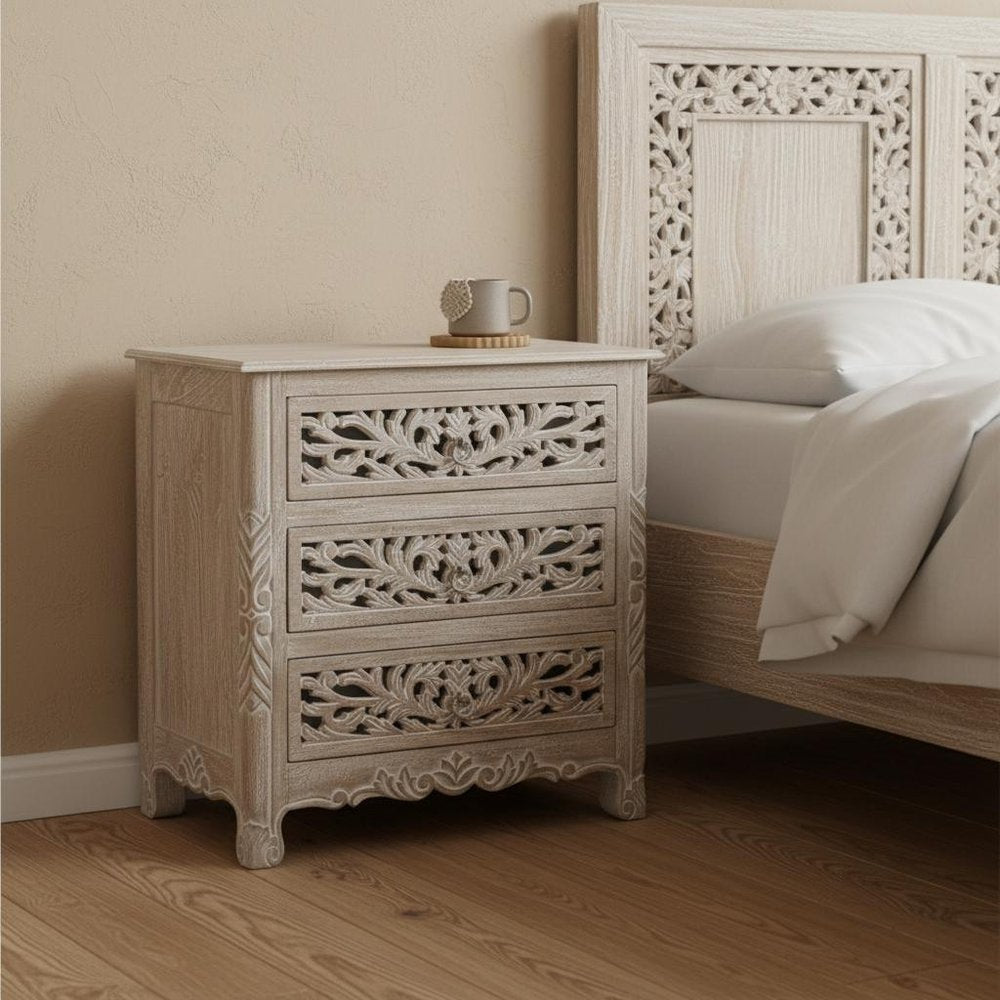 30" Distressed Gray Three Drawer Floral Carved Solid Wood Nightstand