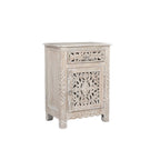 30" Distressed White One Drawer Carved Floral Solid Wood Nightstand
