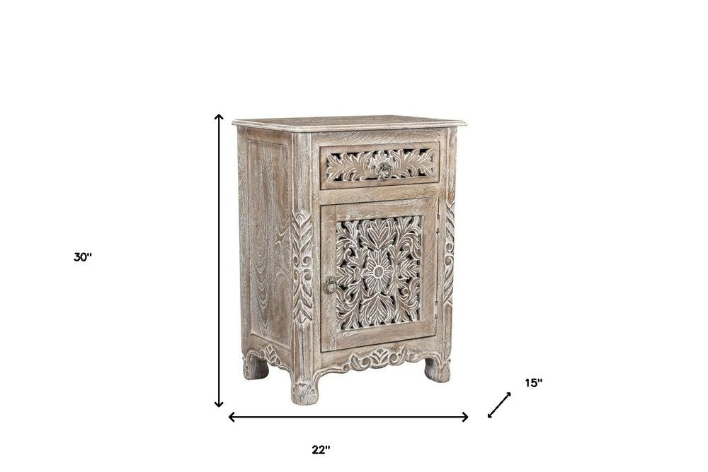 30" Gray Solid Wood Distressed One Drawer Nightstand