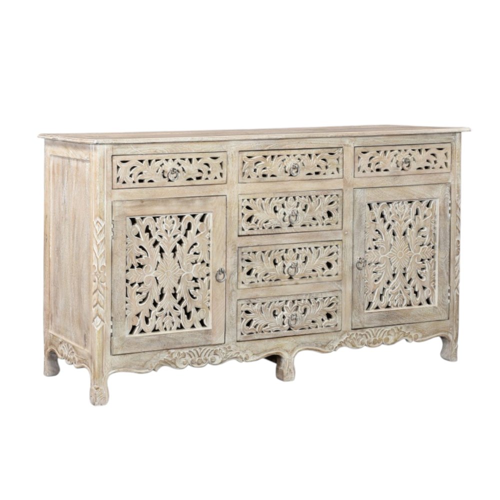 66" White Distressed Solid Wood Carved Floral Six Drawer Sideboard With Two Doors