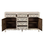66" White Distressed Solid Wood Carved Floral Six Drawer Sideboard With Two Doors