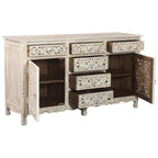 66" White Distressed Solid Wood Carved Floral Six Drawer Sideboard With Two Doors