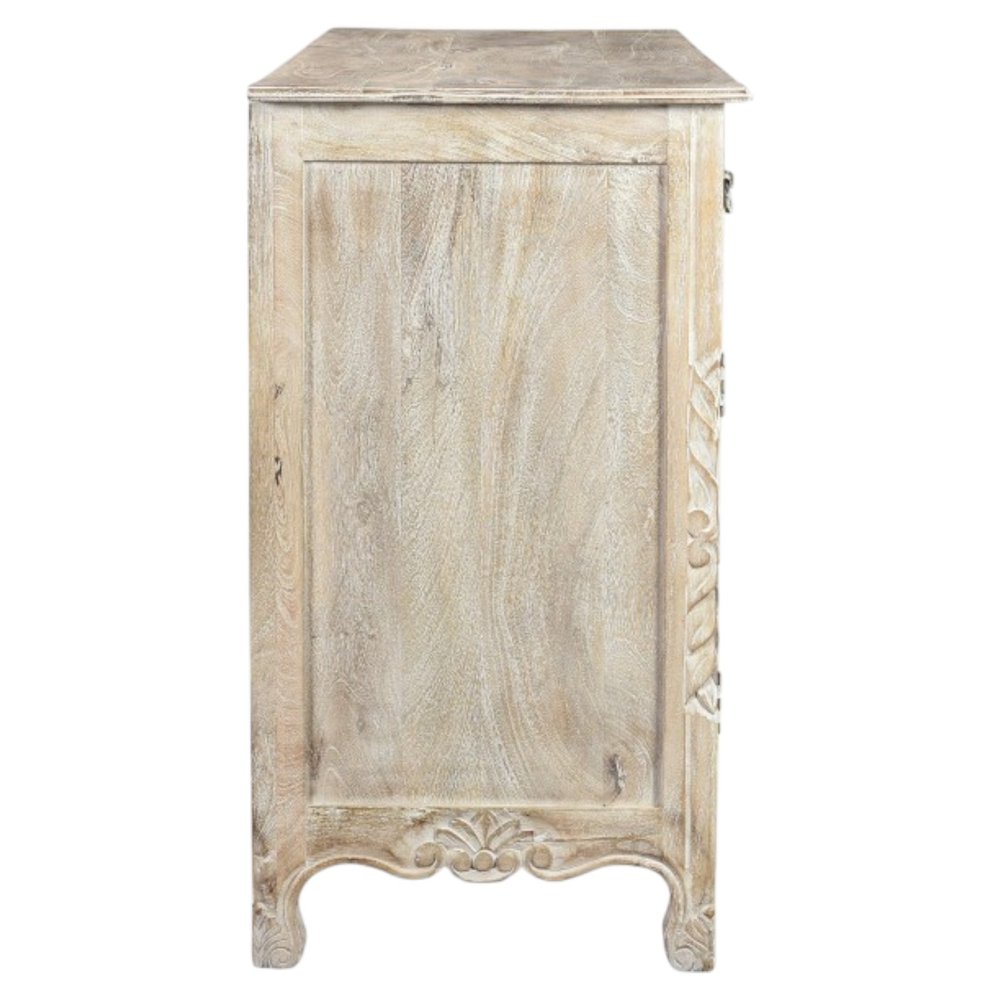 66" White Distressed Solid Wood Carved Floral Six Drawer Sideboard With Two Doors