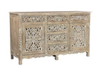 66" Gray Distressed Solid Wood Carved Floral Six Drawer Sideboard with Two Doors