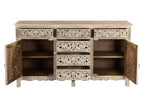 66" Gray Distressed Solid Wood Carved Floral Six Drawer Sideboard with Two Doors