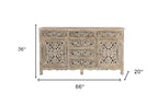 66" Gray Distressed Solid Wood Carved Floral Six Drawer Sideboard with Two Doors
