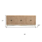 95" Natural And Antiqued Gold Solid Wood Carved Geometric Sideboard with Six Doors