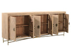 95" Natural And Antiqued Gold Solid Wood Carved Geometric Sideboard with Six Doors