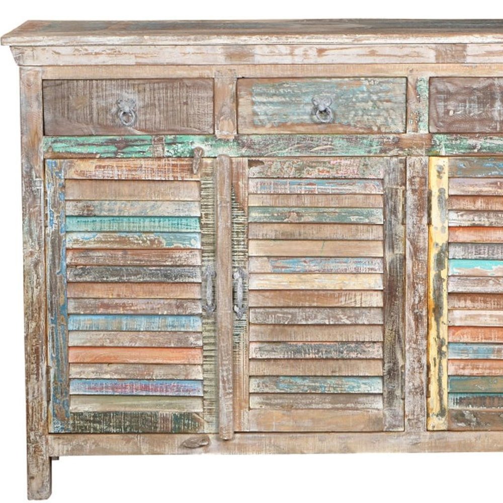 72" Natural And Rainbow Reclaimed Wood Shutter Style Sideboard with Four Doors