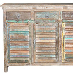 72" Natural And Rainbow Reclaimed Wood Shutter Style Sideboard with Four Doors