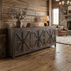 84" Dark Brown Distressed Reclaimed Wood Paneled Sideboard with Six Doors