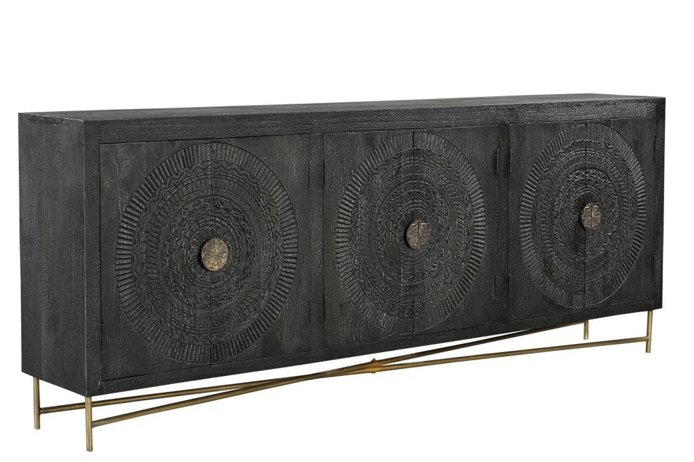 95" Black Distressed Solid Wood Carved Geometric Sideboard with Six Doors