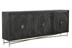 95" Black Distressed Solid Wood Carved Geometric Sideboard with Six Doors