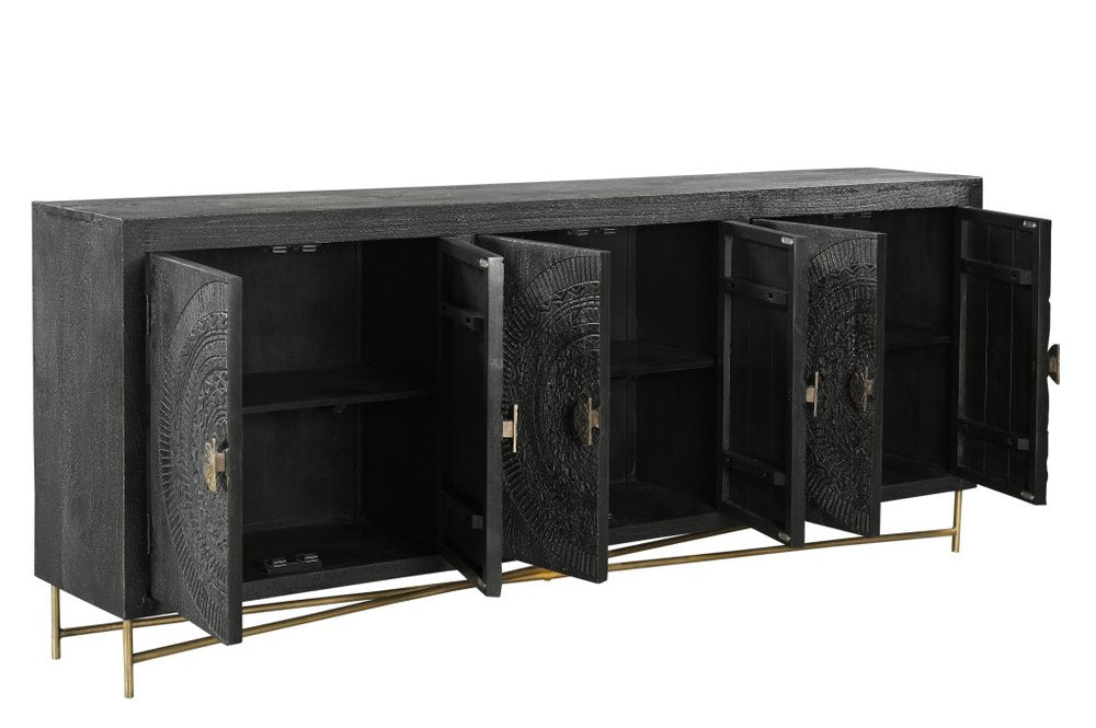 95" Black Distressed Solid Wood Carved Geometric Sideboard with Six Doors