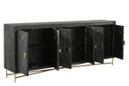 95" Black Distressed Solid Wood Carved Geometric Sideboard with Six Doors