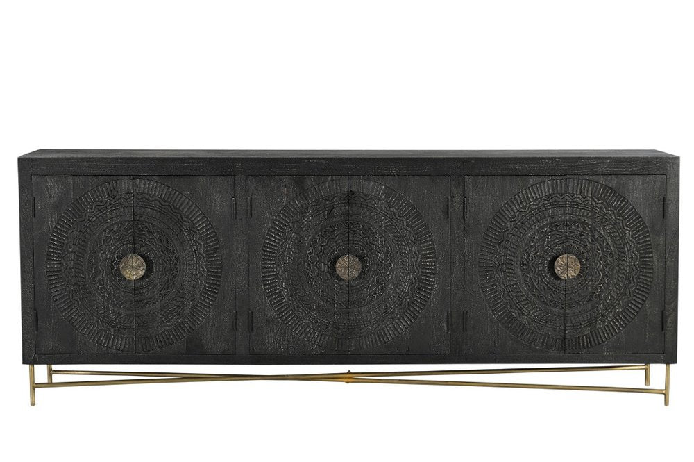 95" Black Distressed Solid Wood Carved Geometric Sideboard with Six Doors
