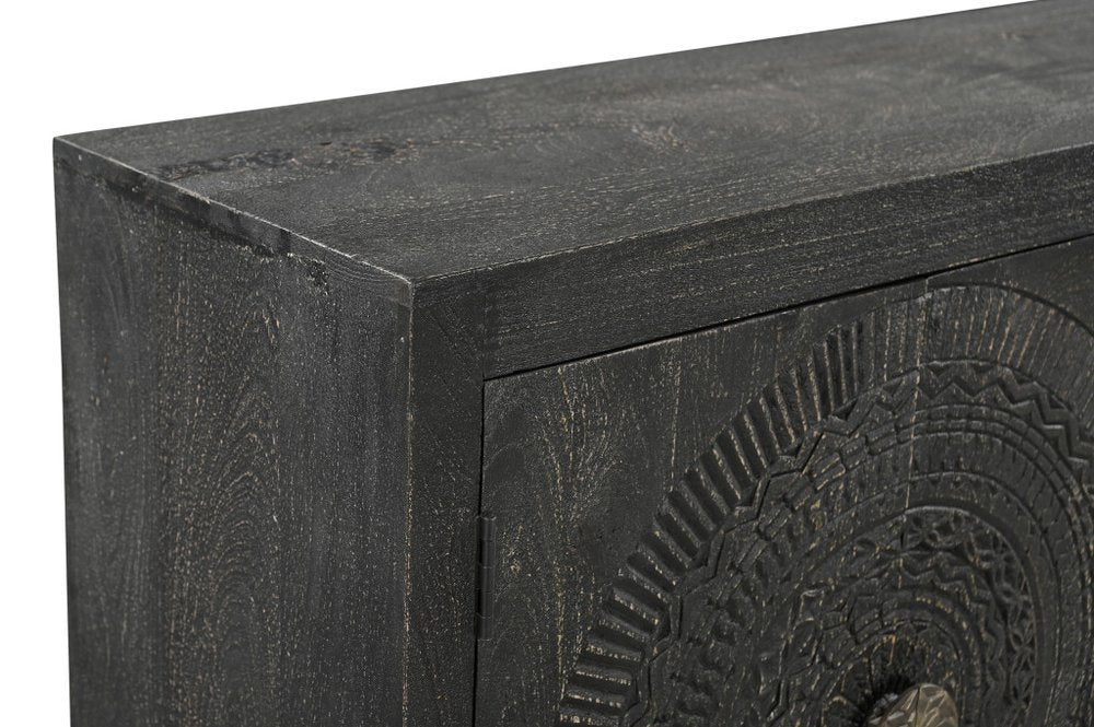 95" Black Distressed Solid Wood Carved Geometric Sideboard with Six Doors