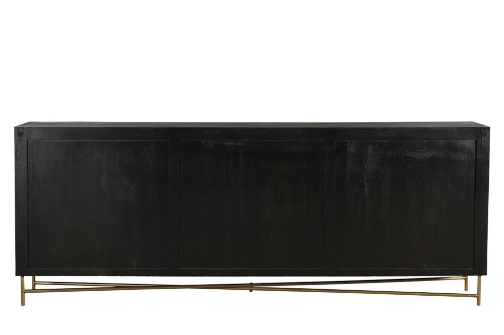 95" Black Distressed Solid Wood Carved Geometric Sideboard with Six Doors
