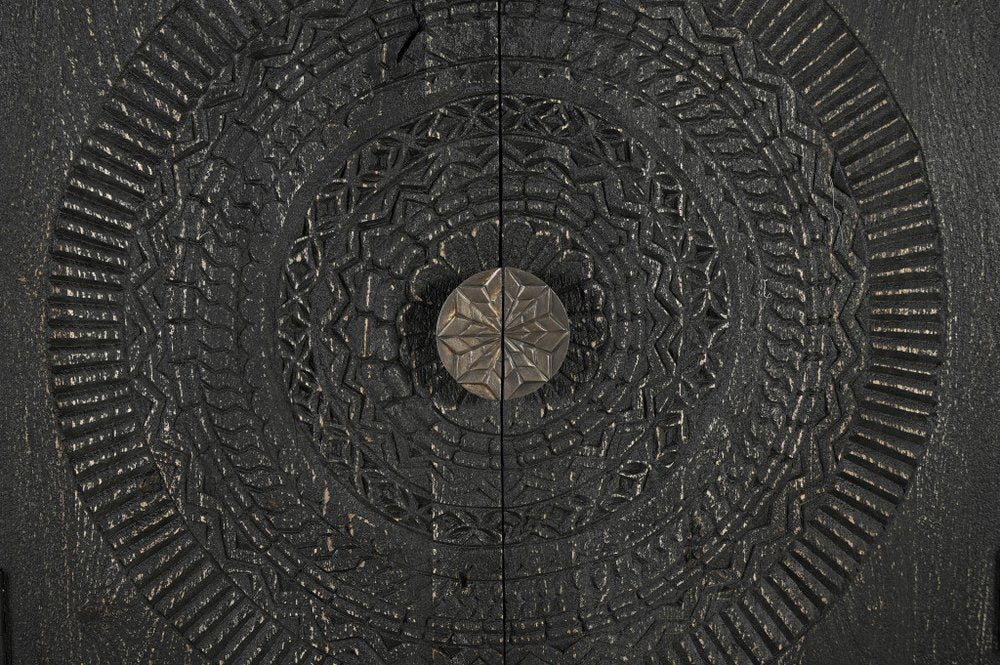 95" Black Distressed Solid Wood Carved Geometric Sideboard with Six Doors