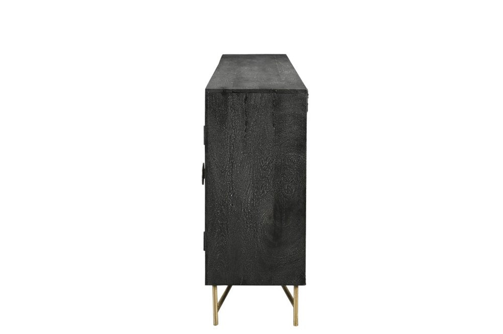 95" Black Distressed Solid Wood Carved Geometric Sideboard with Six Doors