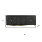 95" Black Distressed Solid Wood Carved Geometric Sideboard with Six Doors